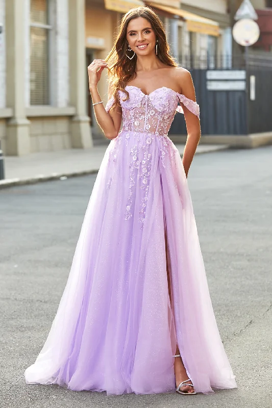 Cocktail dresses with a mesh panel and a high - neck designOff The Shoulder Light Purple A-Line Beaded Corset Prom Dress