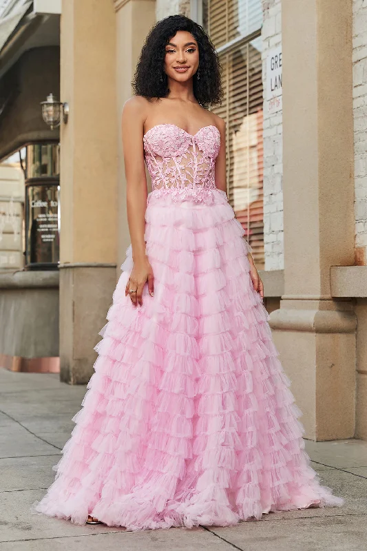 Cocktail dresses with a one - piece design and a statement bowPink A-Line Strapless Tiered Long Corset Prom Dress with Lace