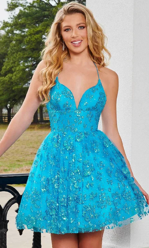 Mini cocktail dresses with a glittery finish for a party - ready styleRachel Allan 40243 - Halter A-Line Cocktail Dress