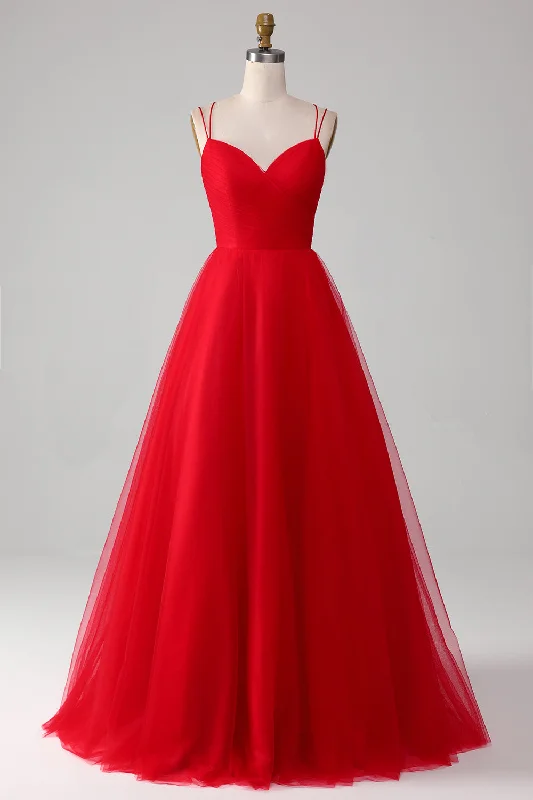 Metallic cocktail dresses with a halter neck for a glamorous occasionSpaghetti Straps A-Line Red Long Prom Dress wth Cross Criss Back