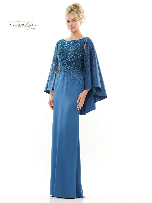 Satin maxi dresses with a high - low hem for a modern twist Satin maxi dresses with a high - low hem for a modern twist Rina di Montella RD2989 Mother of the Bride Long Formal Cape Dress
