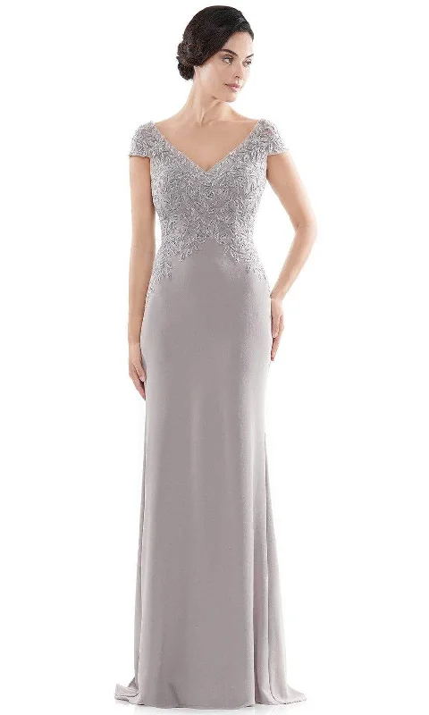 Prom dresses with metallic - colored fabrics and beaded embroidery for a glamorous promRina Di Montella - RD2718 V-Neck Embroidered Faille Column Dress Prom dresses with metallic - colored fabrics and beaded embroidery for a glamorous promRina Di Montella - RD2718 V-Neck Embroidered Faille Column Dress