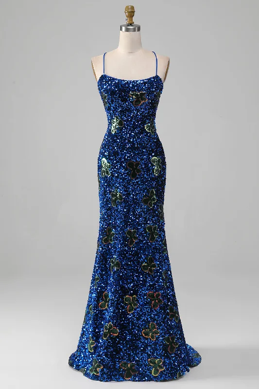 Mini cocktail dresses with a denim fabric for a casual - chic lookRoyal Blue Mermaid Spaghetti Straps Sequins Prom Dress With Slit