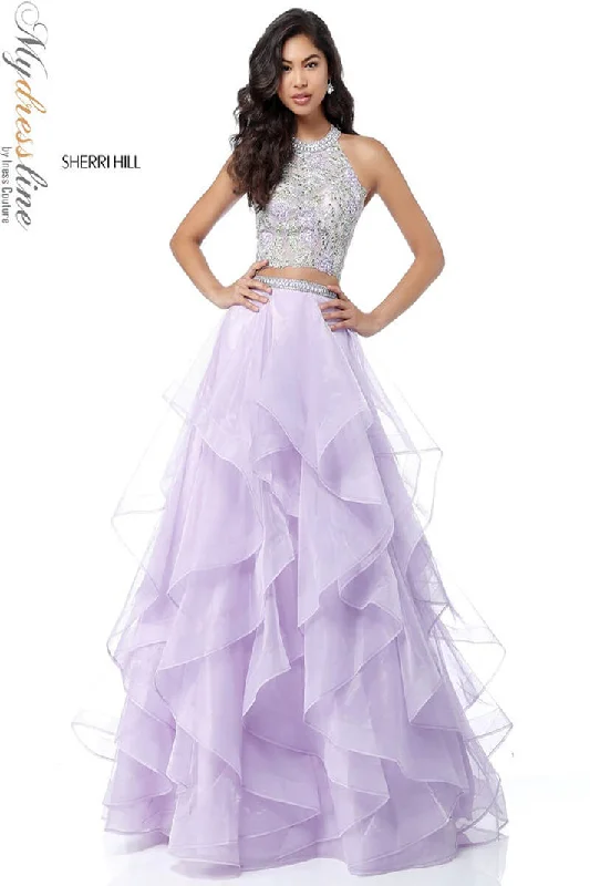 Formal dresses with one - shoulder ruffled straps and sequined bodices for a trendy and eye - catching lookSherri Hill 51615