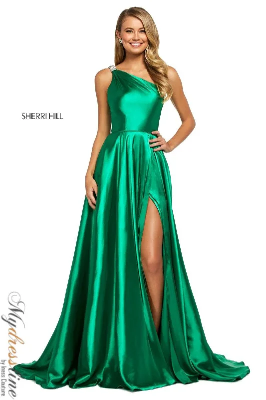 Prom dresses with cold - shoulder ruffled sleeves and floral prints for a romantic and fashionable styleSherri Hill 53295