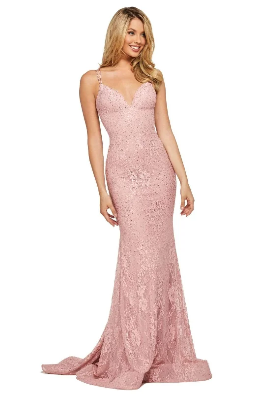 Long - train formal dresses in chiffon for a dramatic prom entranceSherri Hill - 53364 Plunging Lace Up Back Fitted Lace Dress