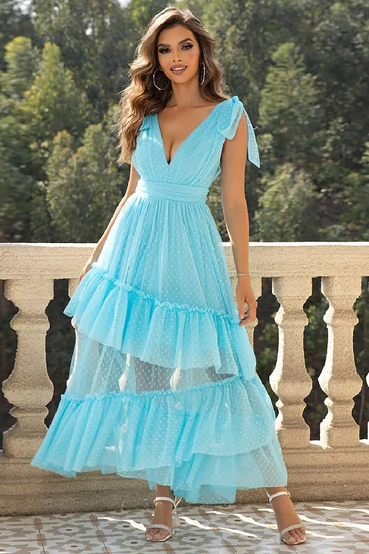 Mini cocktail dresses with a ruffled hem and a solid colorSky Blue A-Line V Neck Tulle Prom Dress with Ruffles