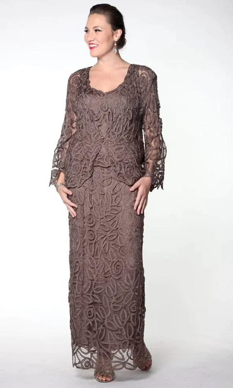 Formal dresses with ruched back panels and button - down fronts for a unique and flattering fitSoulmates D7107 - Hand Crochet 3/4 Bell Sleeve Three Piece Evening Gown