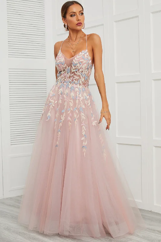 Bow - backed cocktail dresses with a fit - and - flare silhouetteSpaghetti Straps Pink Tulle Prom Dress
