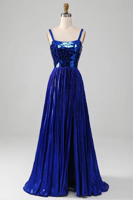 One - shoulder cocktail dresses in emerald green for a bold statementSparkly Lace-Up Back Royal Blue Prom Dress with Slit