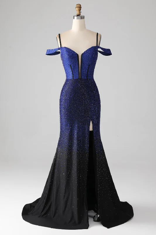 Bow - backed cocktail dresses with a fit - and - flare silhouetteSparkly Navy Mermaid Long Corset Prom Dress with Slit
