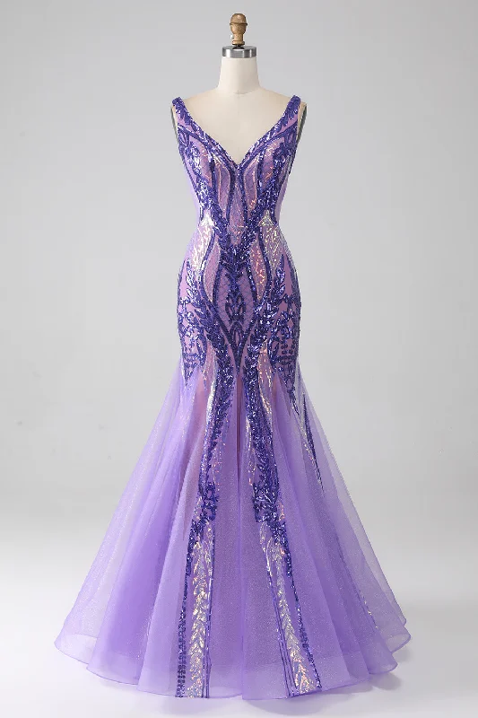 Cocktail dresses with a one - piece design and a statement bowSparkly Purple Mermaid V Neck Sequins Long Prom Dress