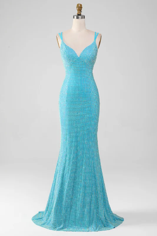 Cocktail dresses with a tassel - adorned belt and a sheath styleSparkly Turquoise Mermaid Spaghetti Straps Long Prom Dress With Beading