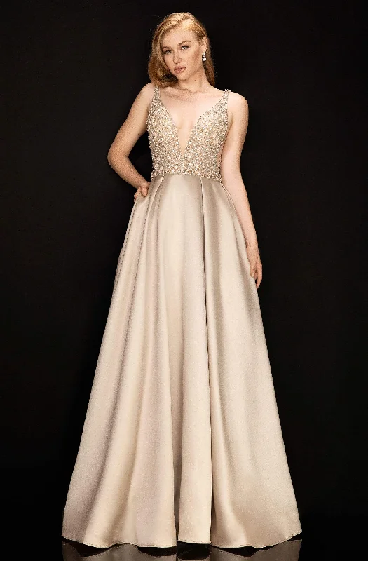 Ball - gown style formal dresses with sequined bodices for promTerani Couture - 2011P1094 Embellished Deep V-neck Pleated A-line Gown