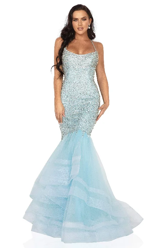 Formal dresses with cold - shoulder ruffled sleeves and floral prints for a romantic and trendy formal styleTerani Couture - 2011P1143 Bedazzled Halter Neck Trumpet Dress