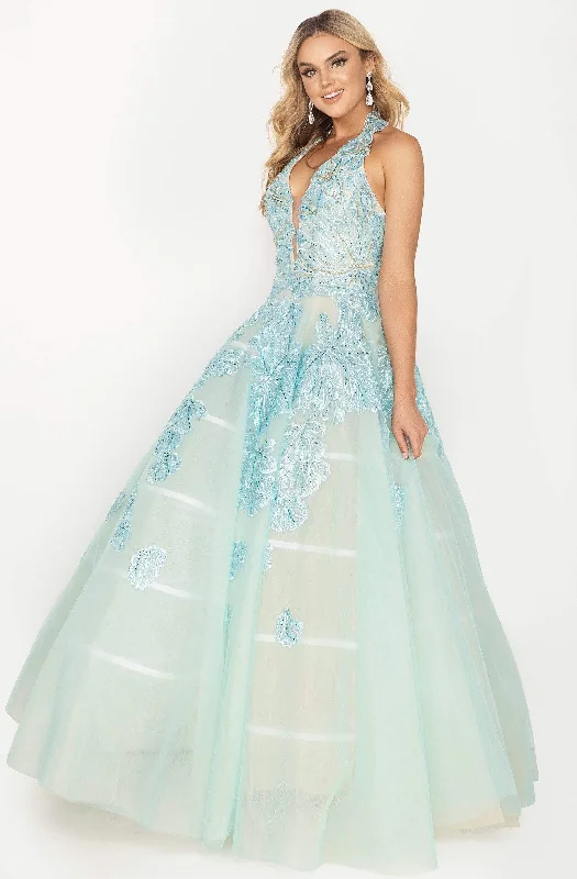 Formal dresses with pleated bodices and taffeta fabric for a traditional lookTerani Couture - 2011P1174 Embroidered Deep Halter V-neck Ballgown