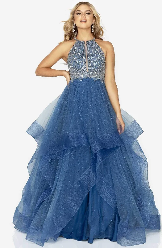 Prom dresses with cold - shoulder ruffled sleeves and floral prints for a romantic and fashionable styleTerani Couture - 2011P1217 Ornate Illusion Paneled Halter A-Line Gown