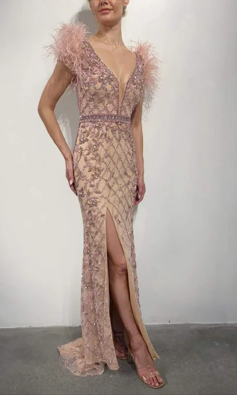 Sheath formal dresses with metallic thread detailing for a modern promTerani Couture - 2027GL3248 Lattice Beaded Hight Slit Gown