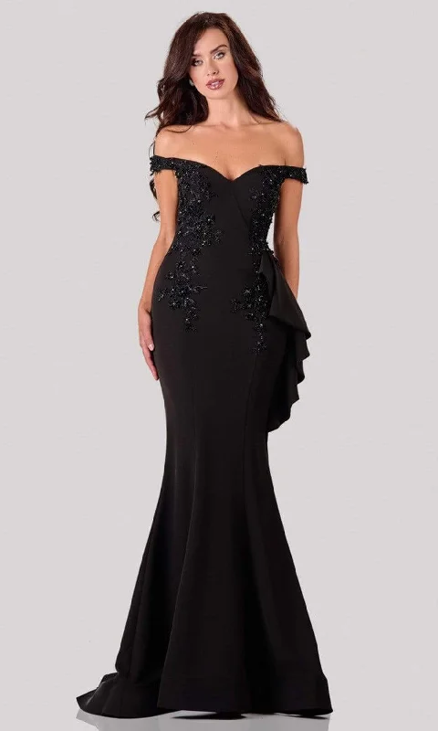 Formal dresses with ruffled skirts and bow accents for a charming prom appearanceTerani Couture - 2111E4732 Off-Shoulder Beaded Applique Trumpet Gown