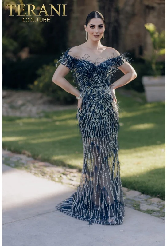 Maxi dresses with balloon sleeves for a vintage - inspired style Maxi dresses with balloon sleeves for a vintage - inspired style Terani Couture 232GL1439 Long Feather Beaded Formal Prom Dress