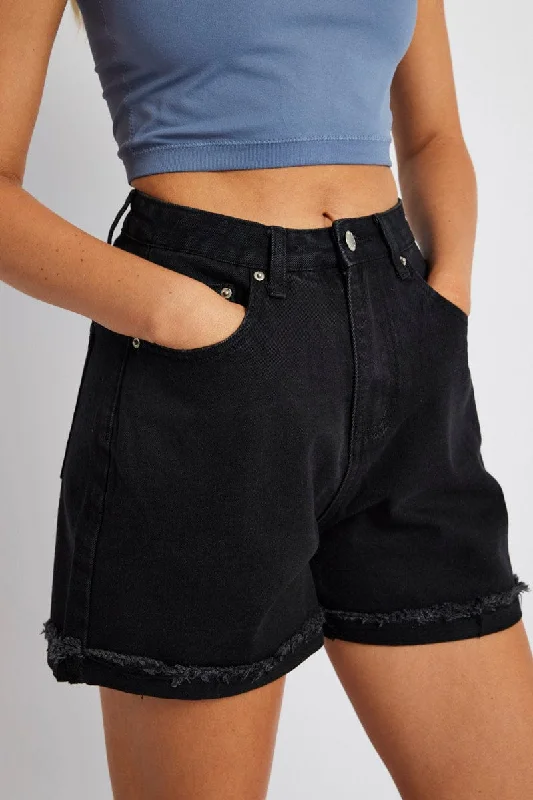 Cuffed Women Shorts for a Laid - Back and Trendy LookBlack Mom Denim Shorts High Rise Cuffed Women Shorts for a Laid - Back and Trendy LookBlack Mom Denim Shorts High Rise