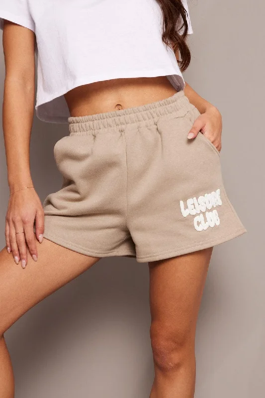 Embroidered Women Shorts with Intricate DesignsBrown Track Shorts High Rise Elastic Waist