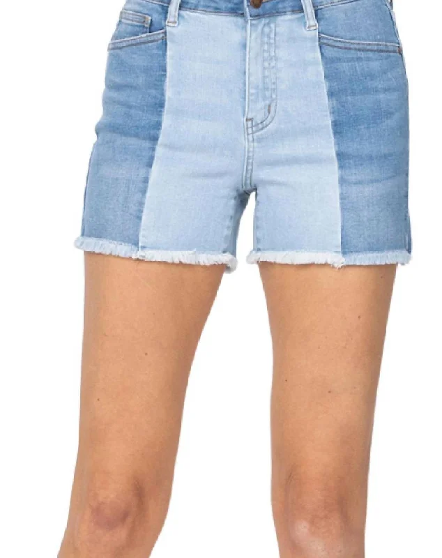 Elastic Waist Women Shorts for Easy Wear and ComfortContrast Panel Shorts In Blue