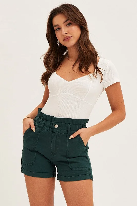 Ruffled Hem Women Shorts to Add a Feminine TouchGreen Paper Bag Elastic Waist Out Pocket Shorts