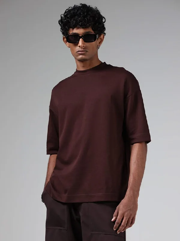 Leather Look Women Shorts for an Edgy and Chic StyleStudiofit Dark Brown Relaxed-Fit Crew Neck T-Shirt