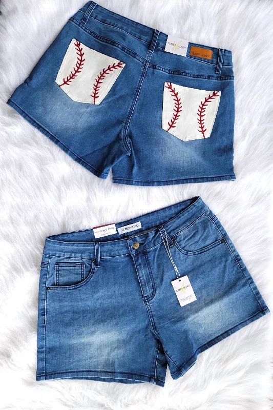 Ruffled Hem Women Shorts to Add a Feminine TouchWomen's Baseball Pocket Mid Rise Short In Blue Ruffled Hem Women Shorts to Add a Feminine TouchWomen's Baseball Pocket Mid Rise Short In Blue