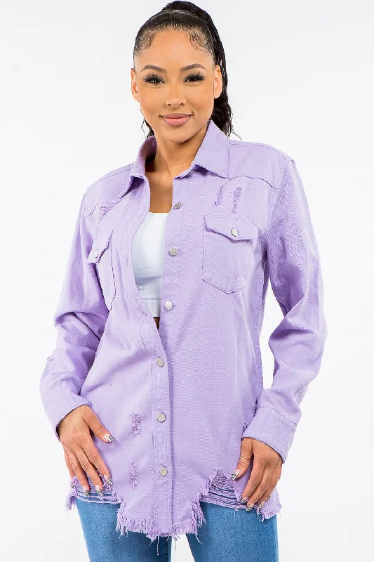 Fringed Denim Top with a Bohemian FlairAmerican Bazi Frayed Hem Distressed Denim Jacket