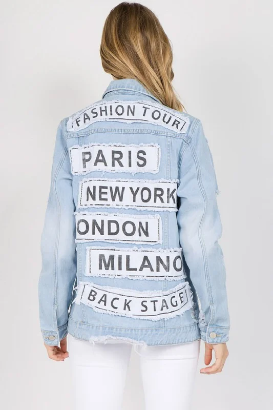 Washed - Out Denim Top for a Vintage AestheticAmerican Bazi Letter Patched Distressed Denim Jacket