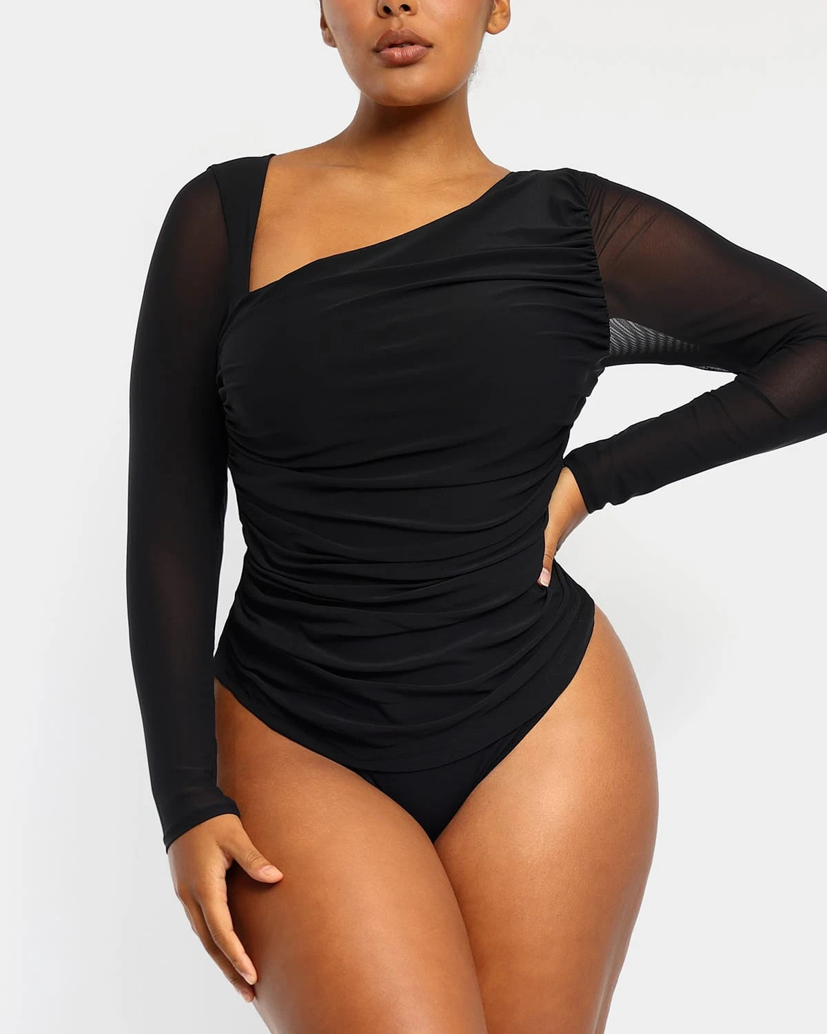 Cut - Out Bodysuits for a Trendy and Fashion - Forward StyleBuilt-In Shapewear 2-In-1 Slanted V-Neck Mesh Top