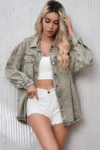 Embroidered Denim Top with Intricate PatternsButton Up Pocketed Raw Hem Denim Jacket