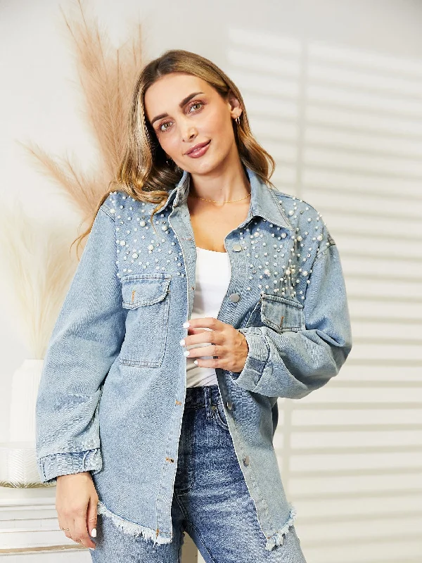Denim Top with a Metallic Accent for a Shiny LookCollared Neck Raw Hem Dropped Shoulder Denim Jacket