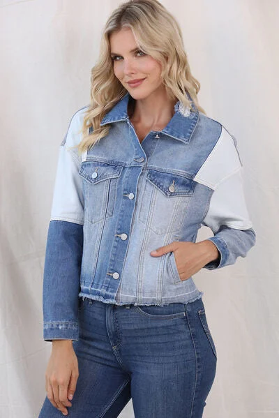 Ripped Denim Top for a Rebellious Fashion StatementColor Block Distressed Button Up Denim Jacket