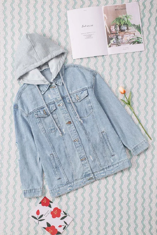 Denim Top with a Metallic Accent for a Shiny LookDistressed Hooded Denim Jacket
