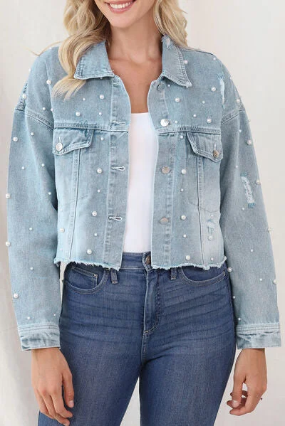 Distressed Denim Top for a Trendy and Edgy LookDistressed Pearl Trim Button Up Denim Jacket