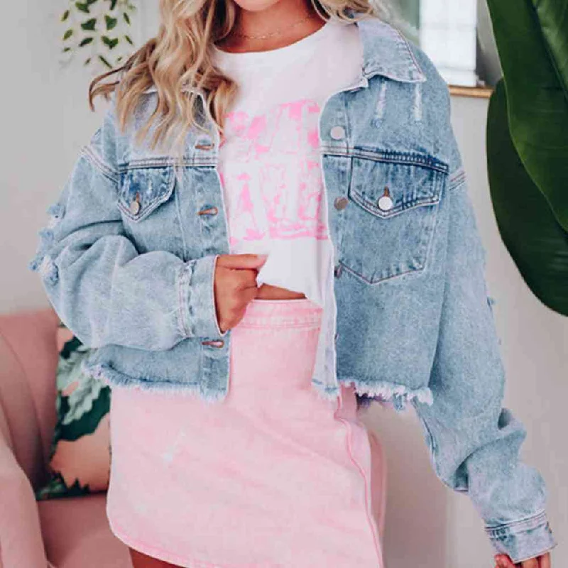 Studded Denim Top for a Glamorous and Bold StyleDistressed Raw Hem Denim Jacket