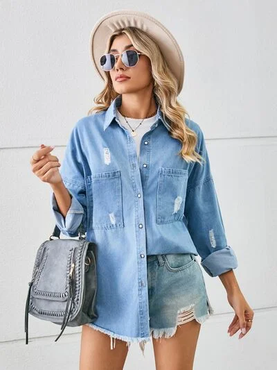 Denim Top with a Belted Waist for a Defined SilhouetteDistressed Raw Hem Dropped Shoulder Denim Jacket