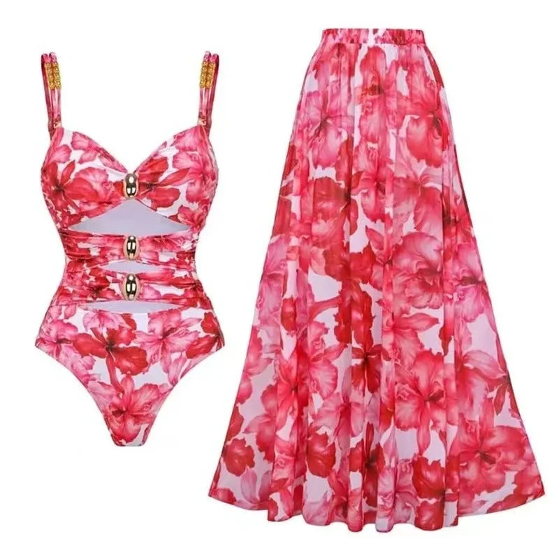 Women's Cut - Out One - Pieces in Black with Geometric Shapes for a Modern and Edgy StyleFloral One-Piece Swimsuit with Cover Up Skirt