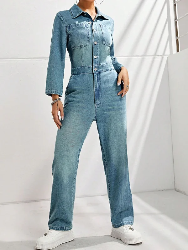 Sheer Bodysuits for a Seductive and Alluring OutfitHalf Button Long Sleeve Straight Leg Denim Jumpsuit