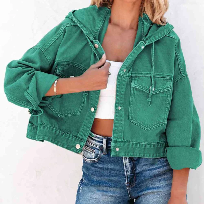 Denim Top with a Floral Print for a Feminine TouchHooded Dropped Shoulder Denim Jacket