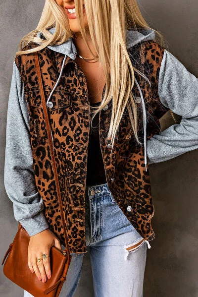 Cropped Denim Top to Pair with High - Waisted BottomsLeopard Distressed Drawstring Hooded Denim Jacket