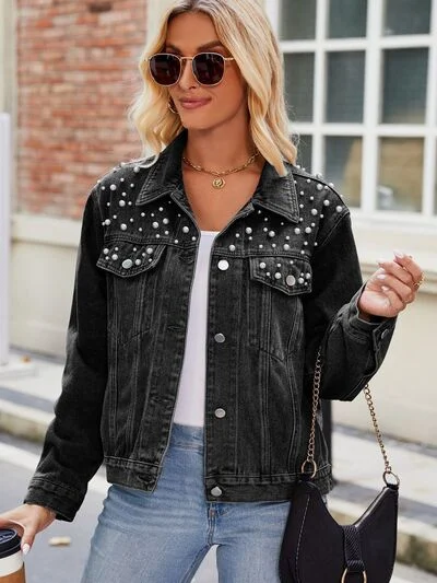 Washed - Out Denim Top for a Vintage AestheticPearl Detail Collared Neck Long Sleeve Denim Jacket
