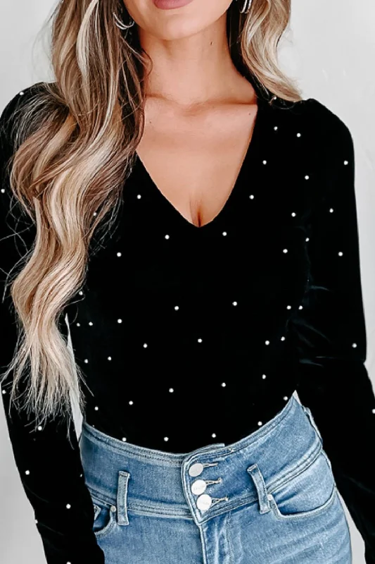 Convertible Straps Bodysuits for Multiple Styling OptionsPearl Detail Velvet V-Neck Long Sleeve Bodysuit
