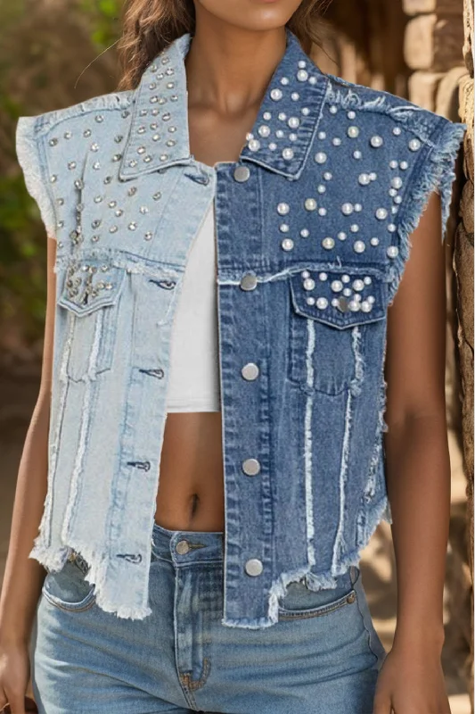 Oversized Denim Top for a Relaxed and Casual VibePearl Raw Hem Sleeveless Denim Jacket