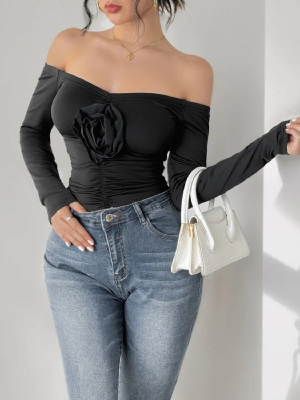 Long - Sleeve Bodysuits for Cold Weather LayeringPerfee Ruched Flower Off-Shoulder Long Sleeve Bodysuit