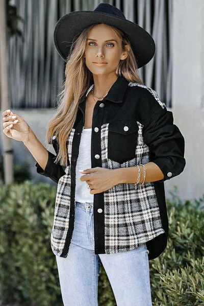 Denim Top for a Music Festival with a Rock - n - Roll VibePlaid Pocketed Button Up Denim Jacket