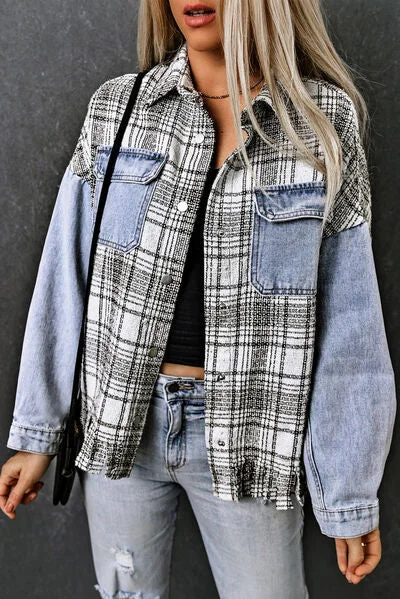 Fringed Denim Top with a Bohemian FlairPlaid Pocketed Snap Down Denim Jacket
